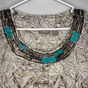 CHICO'S Blouse Women L 3/4 Sleeve Flowy Tan White Turquious Medallion Stretch